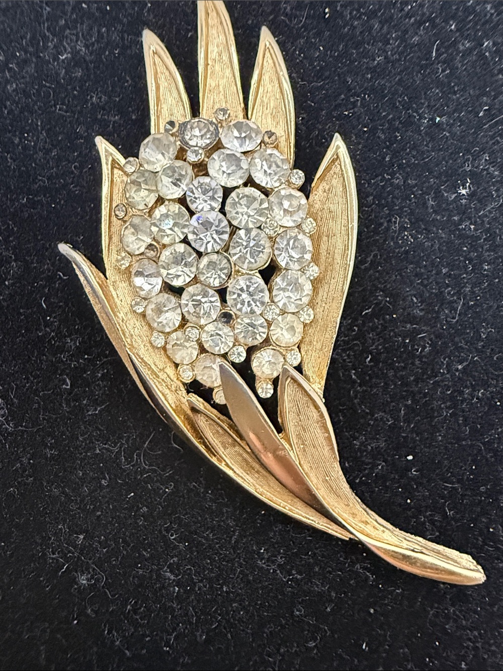 Crown Trifari Gold-Tone Rhinestone Floral Leaf Brooch -